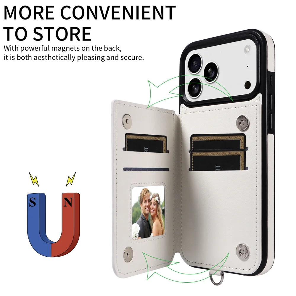 For iPhone 18 Pro Max / 17 Pro Max Case Card Bag Kickstand Leather Coated TPU Phone Cover with Wrist Strap - White - 7