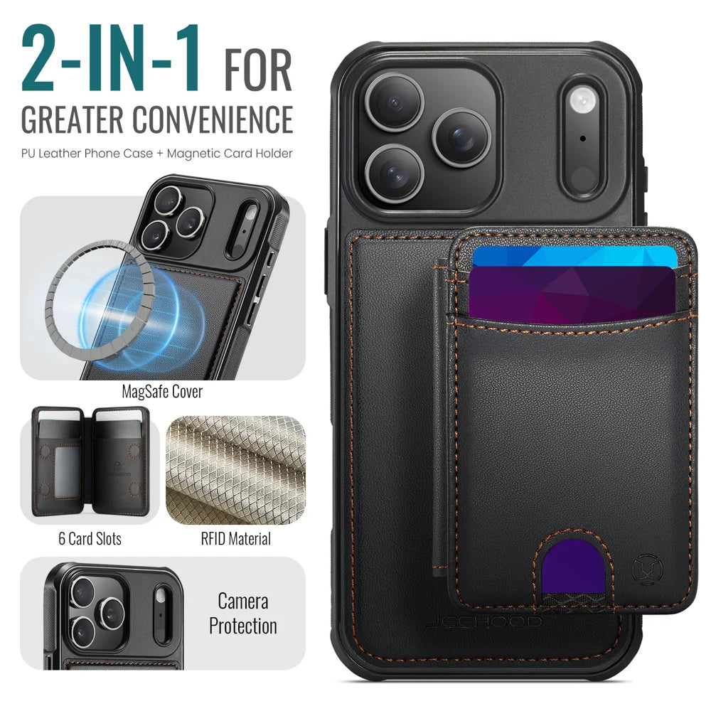 JEEHOOD J10 For iPhone 17 Pro Case with Detachable Card Holder Kickstand Compatible with MagSafe Leather Back Phone Cover - Black - 2