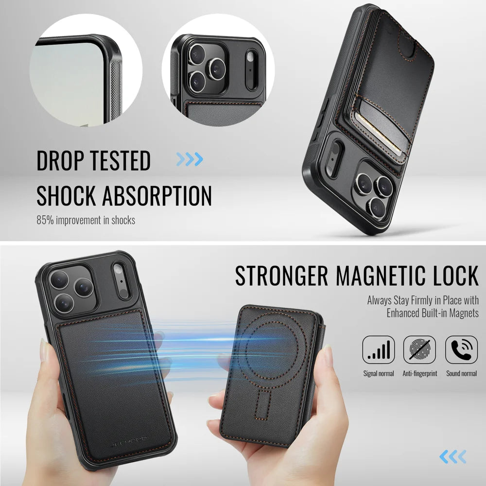 JEEHOOD J10 For iPhone 17 Pro Case with Detachable Card Holder Kickstand Compatible with MagSafe Leather Back Phone Cover - Black - 3
