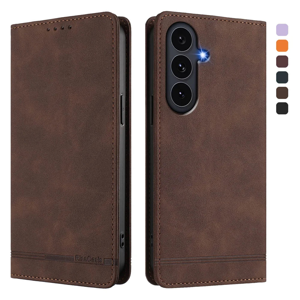 For Samsung Galaxy S26 FE / S25 FE Case RINACASIS RC23 RFID Blocking Wallet Stand PU Leather Phone Cover - Brown - 1