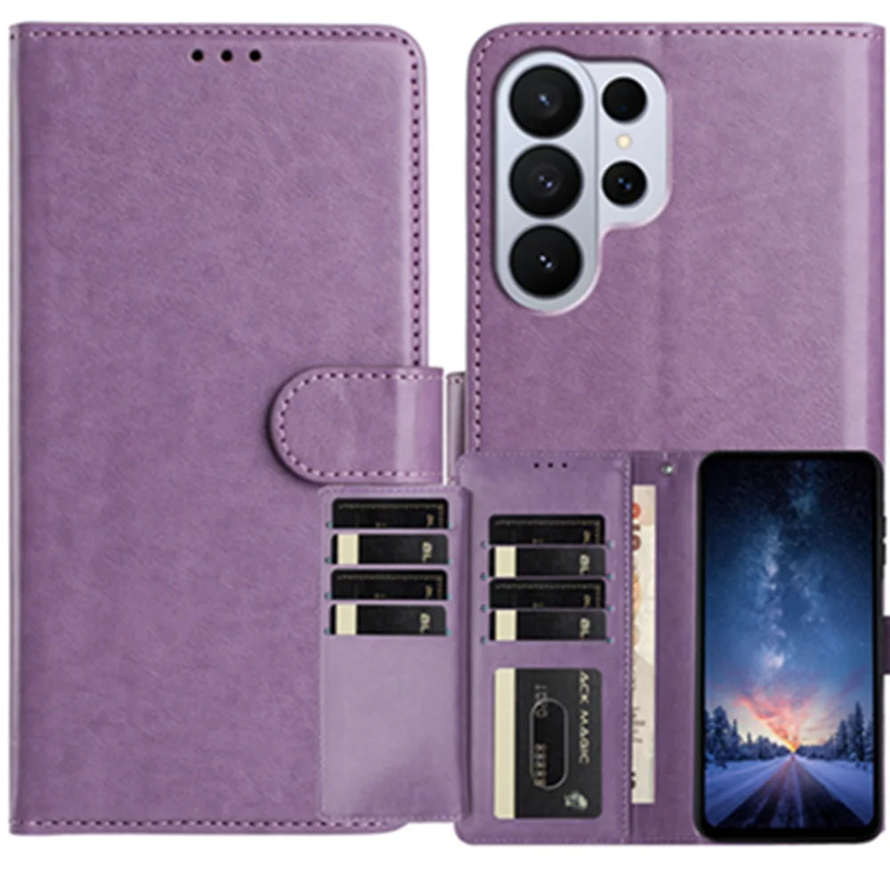 For Samsung Galaxy S26 Ultra Wallet Phone Case Stand PU Leather Folio Flip Cover with 8 Card Slot - Purple - 1
