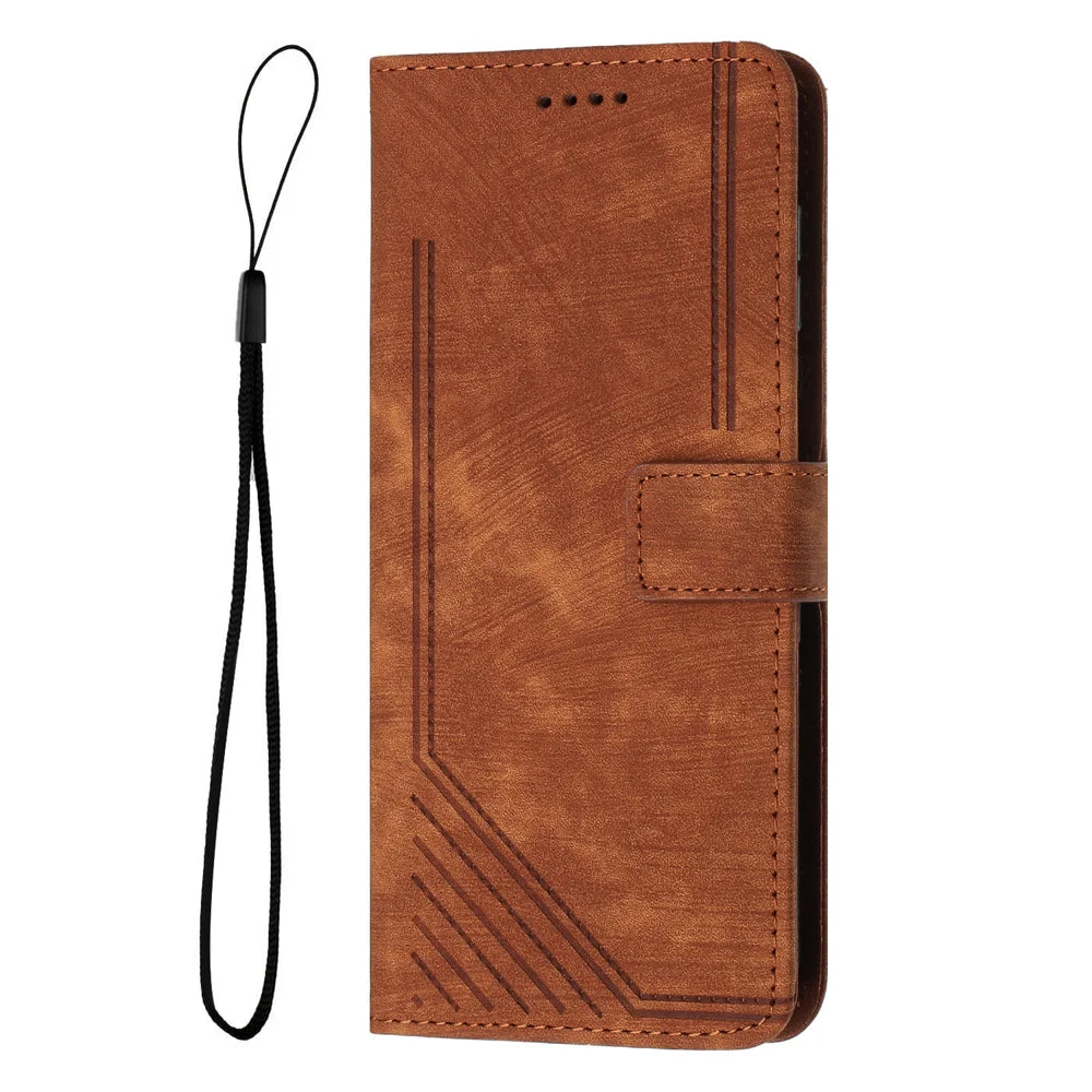 For vivo V60 Lite 4G / vivo V60 Lite 5G Stand Case Imprinted Lines Leather Phone Cover - Brown - 3