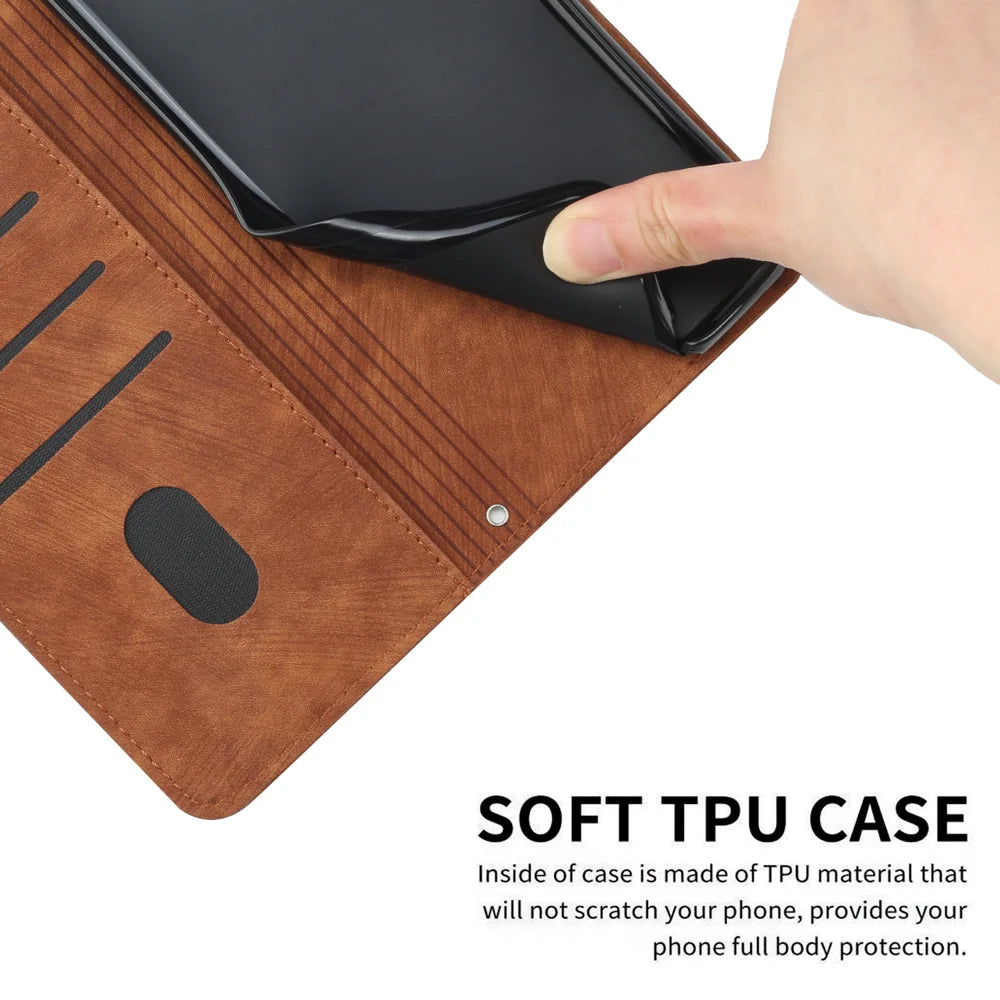 For vivo V60 Lite 4G / vivo V60 Lite 5G Stand Case Imprinted Lines Leather Phone Cover - Brown - 4
