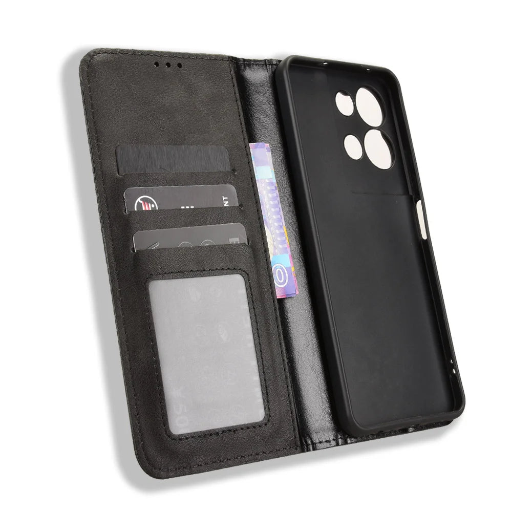 For TCL K32 5G / TCL K33 5G Leather Case Wallet Stand Retro Texture Phone Cover - Black - 5