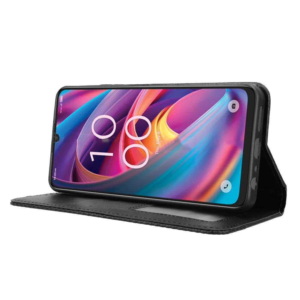 For TCL K32 5G / TCL K33 5G Leather Case Wallet Stand Retro Texture Phone Cover - Black - 7