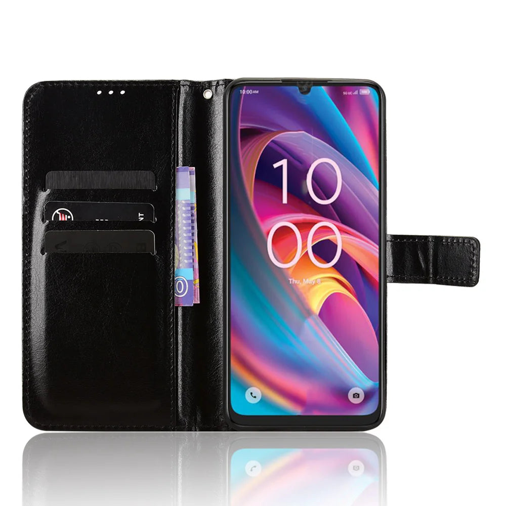 For TCL K32 5G / TCL K33 5G PU Leather Case with Strap Crazy Horse Texture Phone Wallet Cover - Black - 5