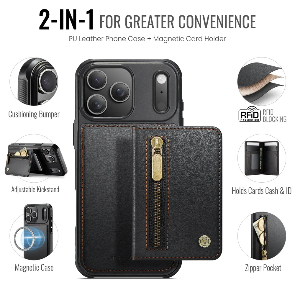 JEEHOOD For iPhone 17 Pro Max Case  J12 Magnetic  Detachable Zipper Wallet Kickstand Leather Back Cover Compatible with MagSafe - Black - 2