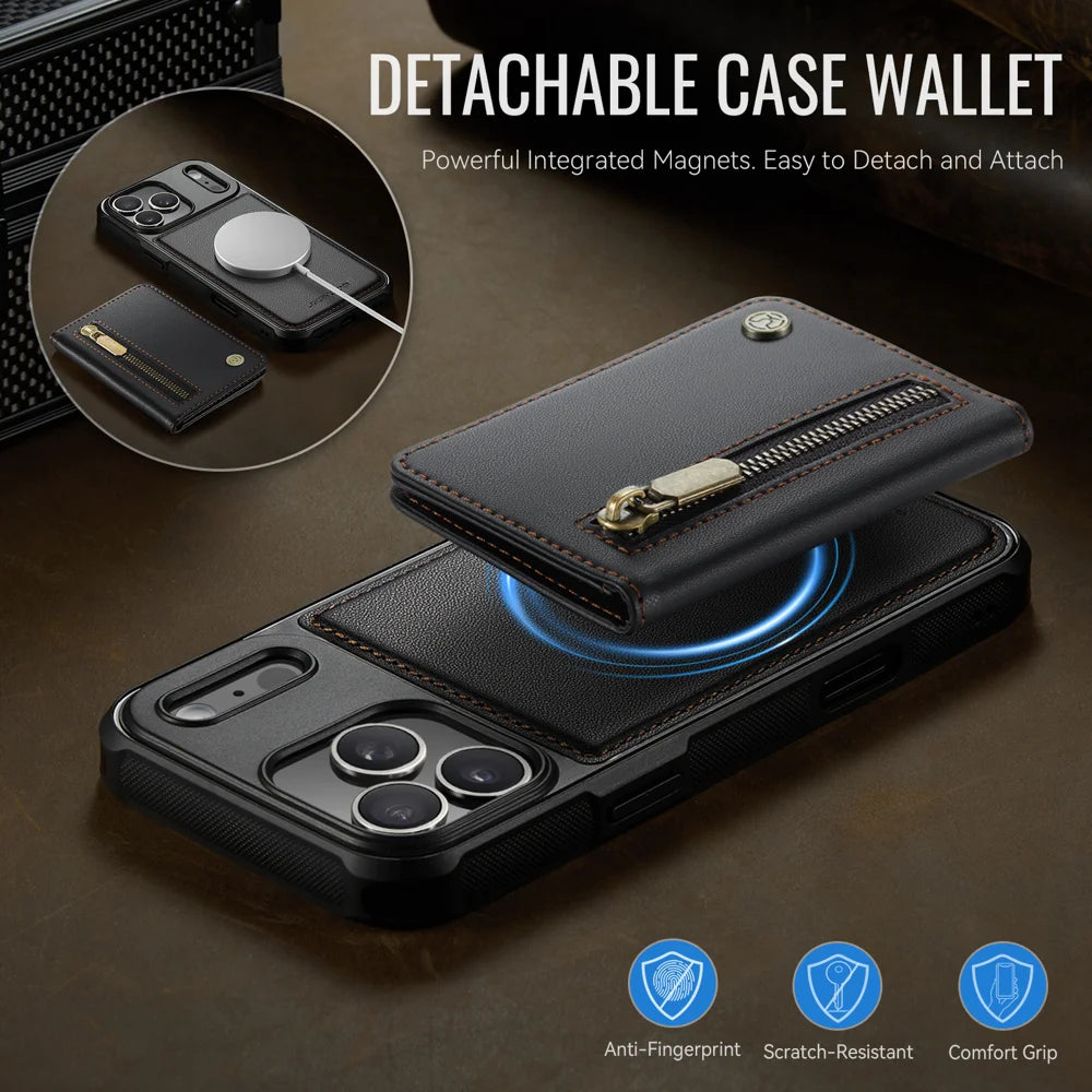 JEEHOOD For iPhone 17 Pro Max Case  J12 Magnetic  Detachable Zipper Wallet Kickstand Leather Back Cover Compatible with MagSafe - Black - 4
