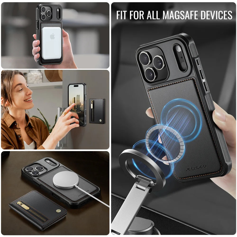 JEEHOOD For iPhone 17 Pro Max Case  J12 Magnetic  Detachable Zipper Wallet Kickstand Leather Back Cover Compatible with MagSafe - Black - 6