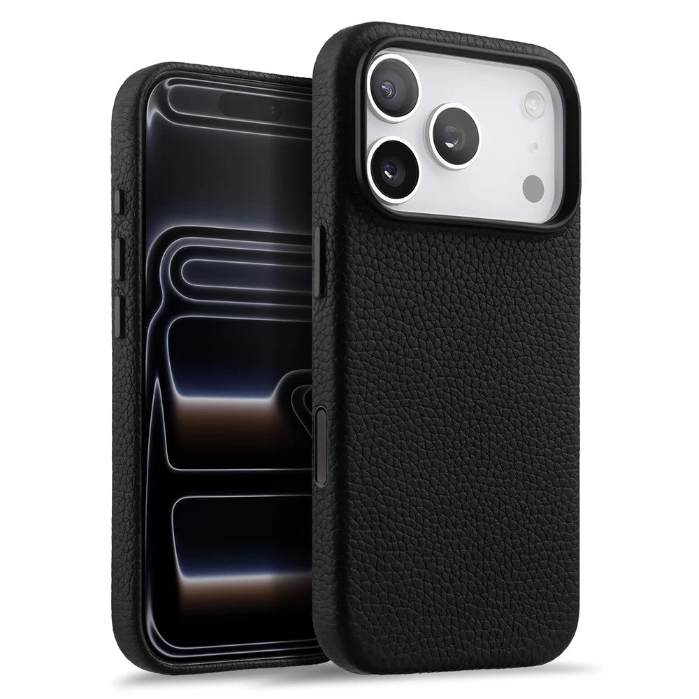 MELKCO For iPhone 17 Pro Max Magnetic Case Genuine Cow Leather + PC Phone Cover with Metal Keys  /  AI Button - Black - 1