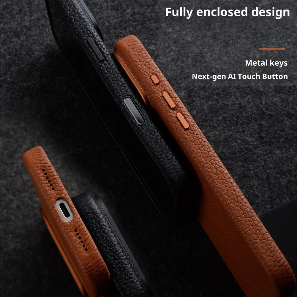 MELKCO For iPhone 17 Pro Max Magnetic Case Genuine Cow Leather + PC Phone Cover with Metal Keys  /  AI Button - Black - 4