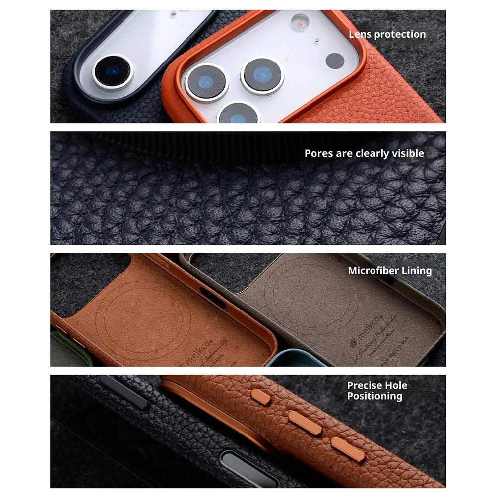 MELKCO For iPhone 17 Pro Max Magnetic Case Genuine Cow Leather + PC Phone Cover with Metal Keys  /  AI Button - Black - 6