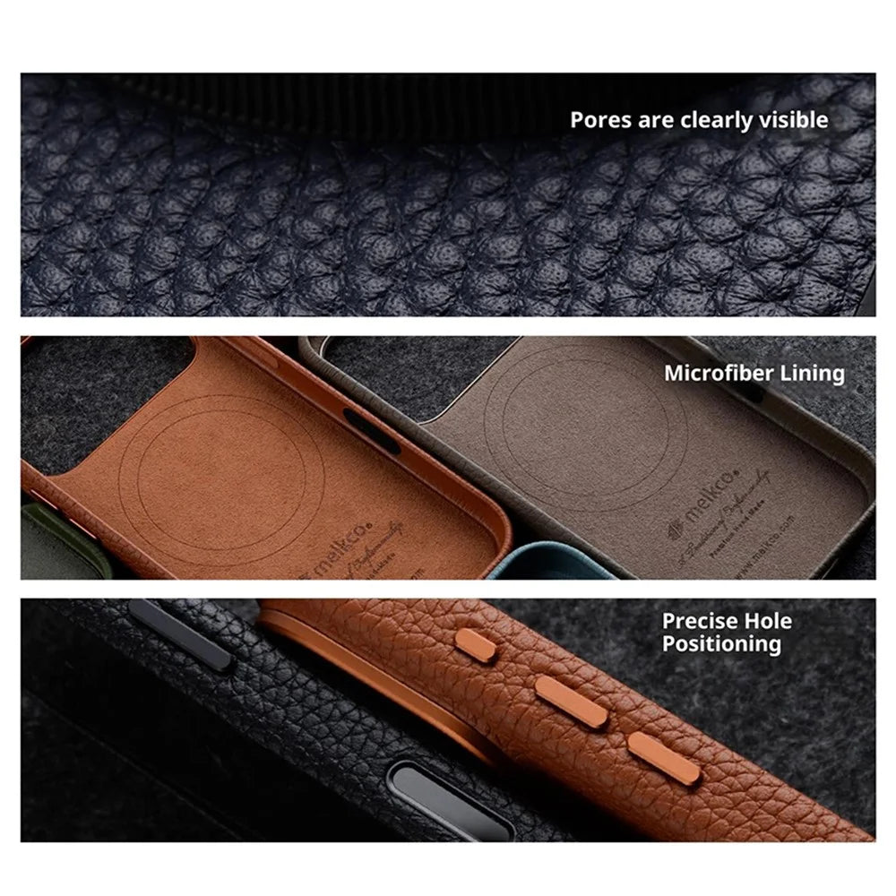 MELKCO For iPhone 17 Magnetic Case Genuine Cow Leather + PC Phone Cover with Metal Keys  /  AI Button - Black - 4