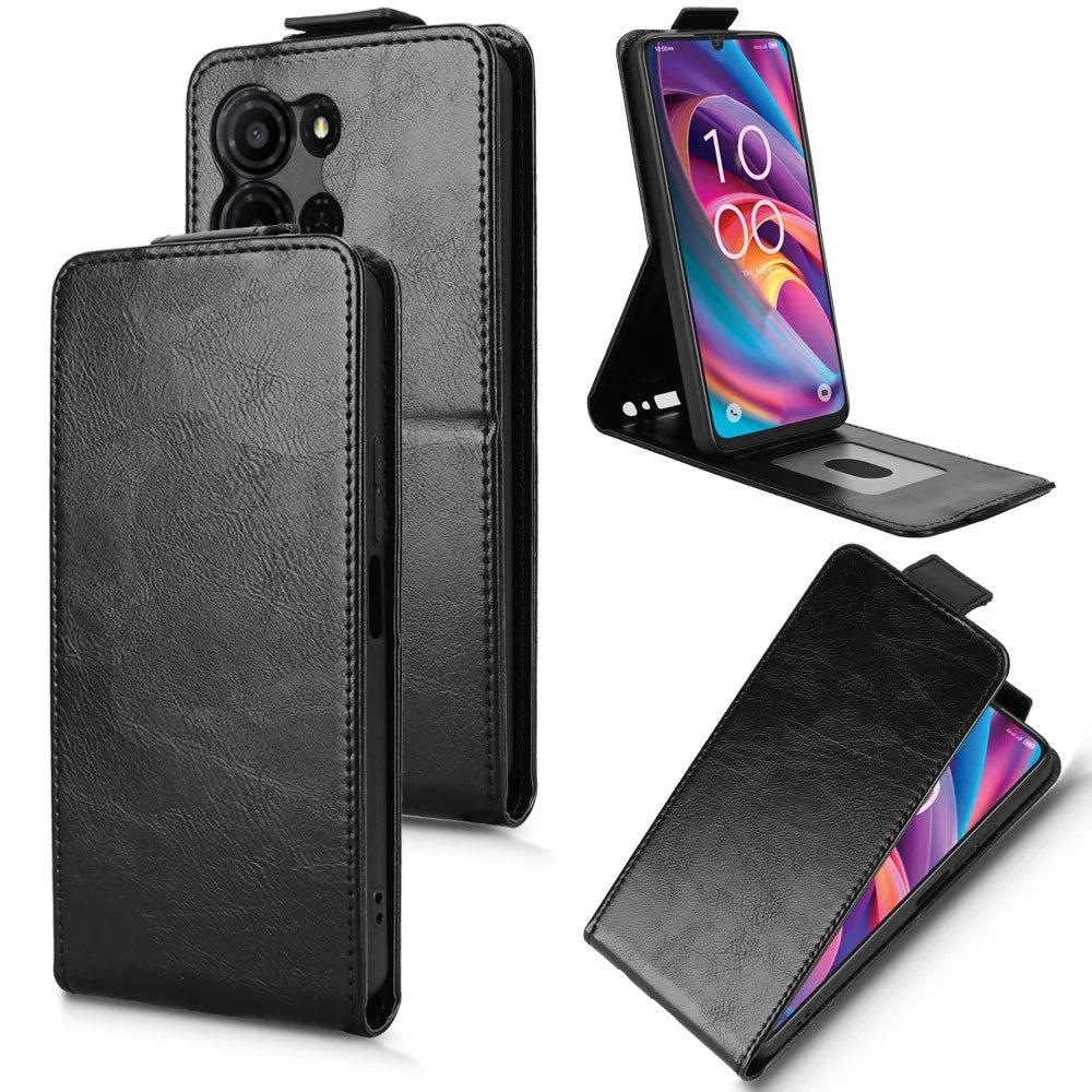 For TCL K33 5G  /  K32 5G Stand Case Magnetic Clasp Vertical Flip Leather Phone Cover with Card Holder - Black - 5