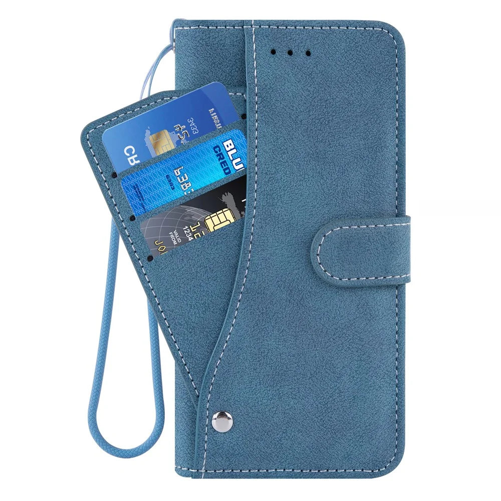 For OnePlus Nord CE4 Lite 5G / Oppo K12x 5G (China) Case Retro PU Leather Wallet Phone Cover with Rotating Card Slots Holder - Blue - 7