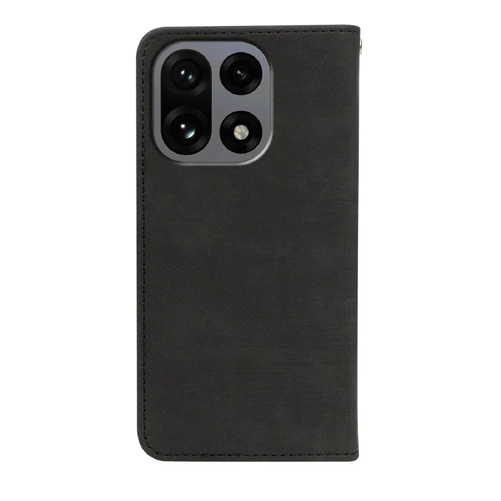 For OnePlus 15 5G Case Strong Magnetic Leather Wallet Phone Cover with Striped Texture - Black - 5