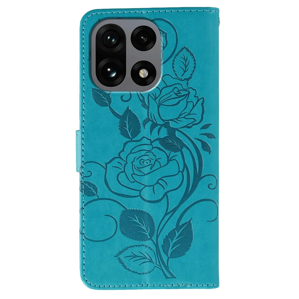 For OnePlus 15 5G Case Wallet Stand Imprinted Rose Butterfly PU Leather Phone Cover - Blue - 5