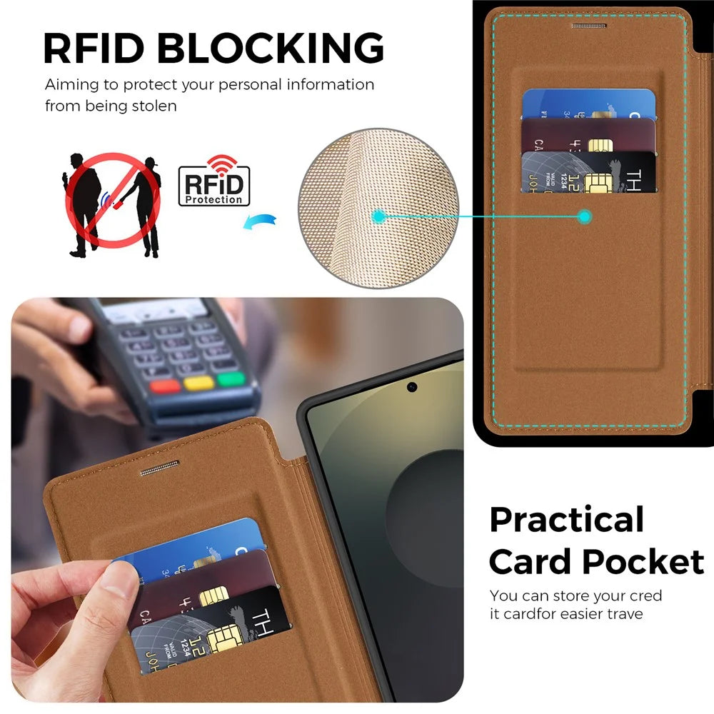 For Samsung Galaxy S25 Ultra Magnetic Case RFID Blocking Leather Wallet Cover with Rotating Ring Kickstand - Brown - 2