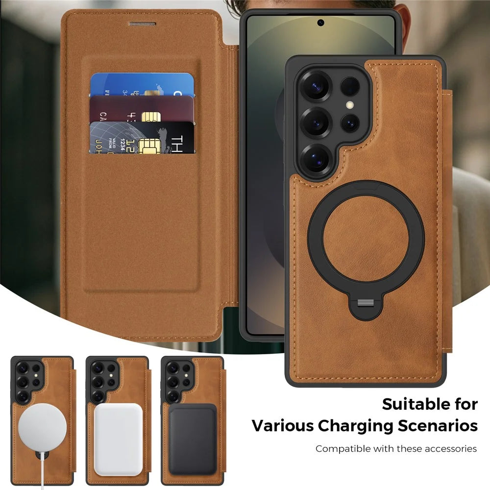 For Samsung Galaxy S25 Ultra Magnetic Case RFID Blocking Leather Wallet Cover with Rotating Ring Kickstand - Brown - 4