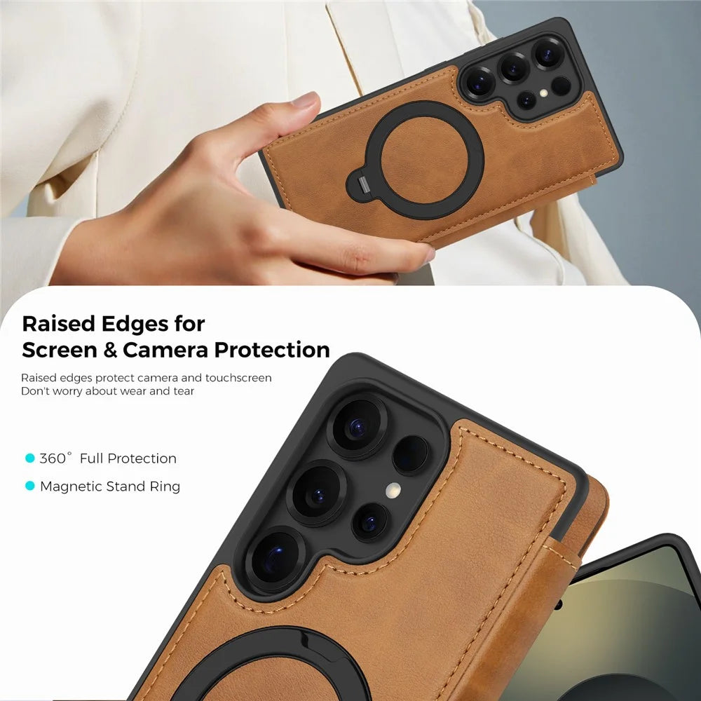 For Samsung Galaxy S25 Ultra Magnetic Case RFID Blocking Leather Wallet Cover with Rotating Ring Kickstand - Brown - 6