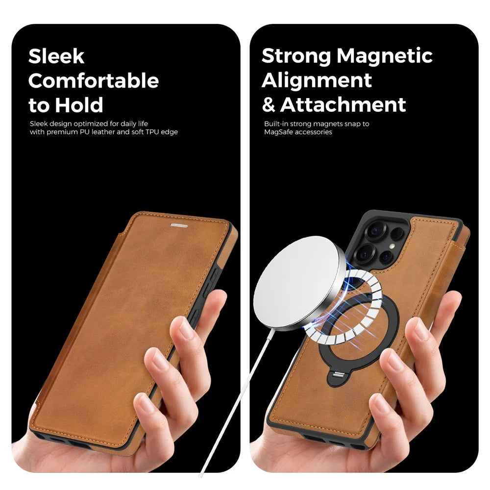 For Samsung Galaxy S25 Ultra Magnetic Case RFID Blocking Leather Wallet Cover with Rotating Ring Kickstand - Brown - 7