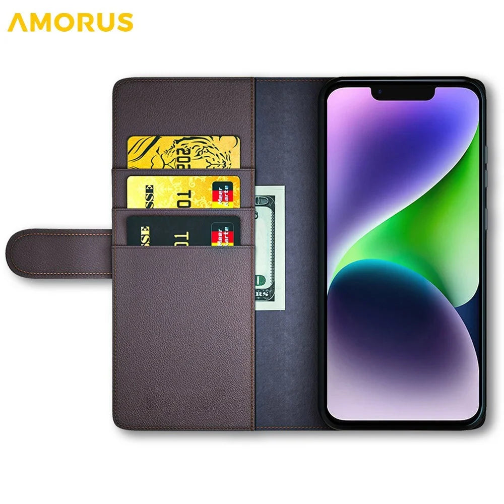 AMORUS For iPhone 13 Stand Cases Calf Texture Genuine Split Leather Wallet Phone Cover - Brown - 2