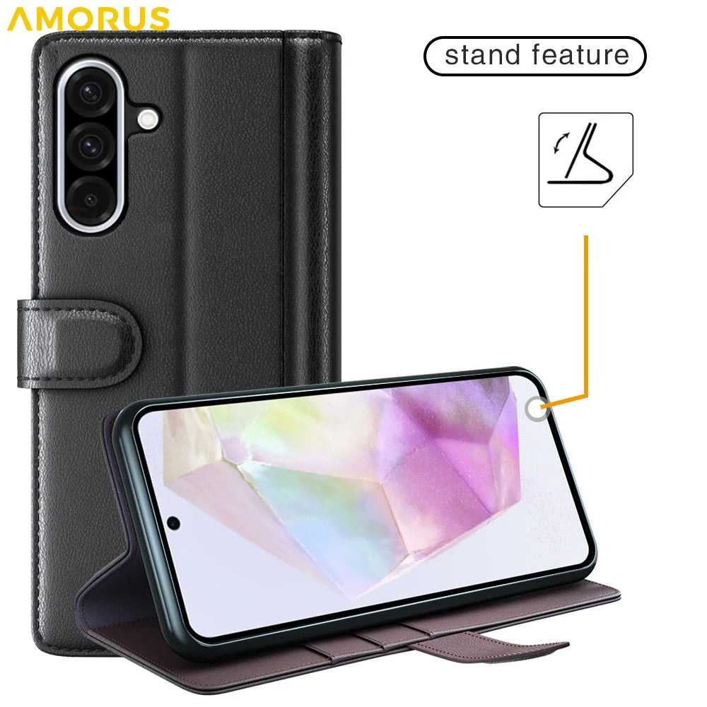 AMORUS For Samsung Galaxy A36 5G / A56 5G Stand Cases Calf Texture Genuine Split Leather Wallet Phone Cover - Brown - 7