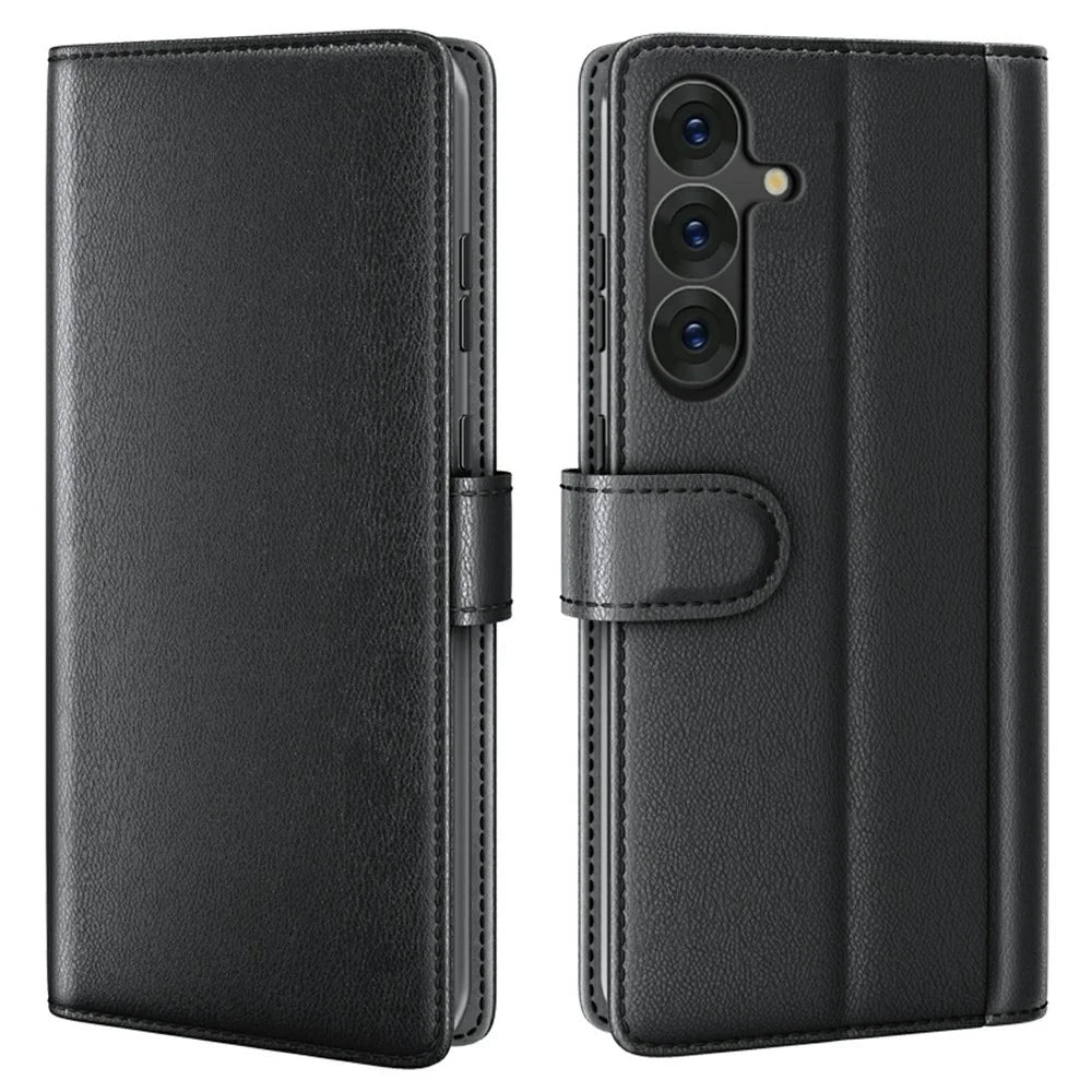 AMORUS For Samsung Galaxy S25+ Stand Cases Calf Texture Genuine Split Leather Wallet Phone Cover - Black - 1
