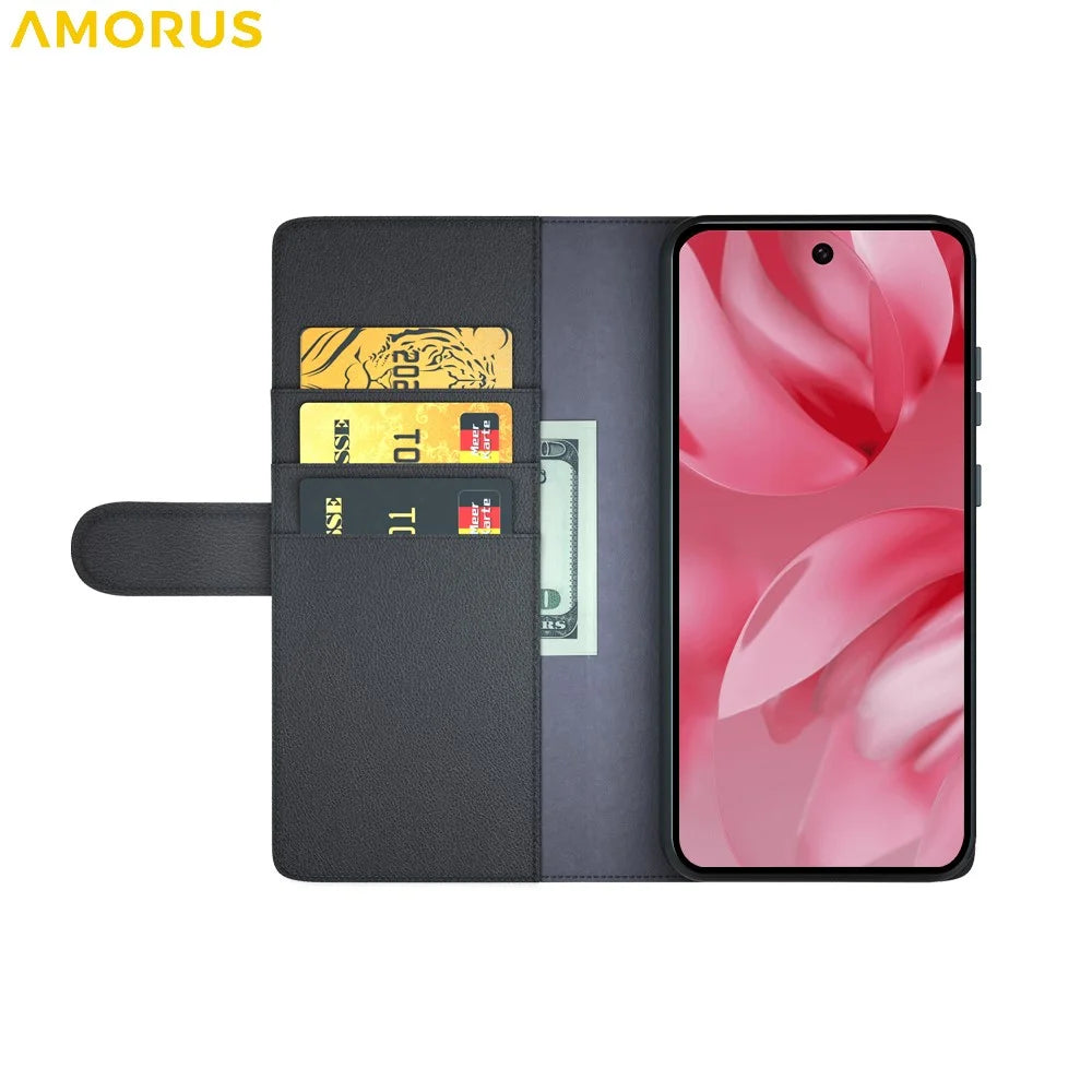 AMORUS For Google Pixel 10 / Pixel 10 Pro Stand Cases Calf Texture Genuine Split Leather Wallet Phone Cover - Black - 2