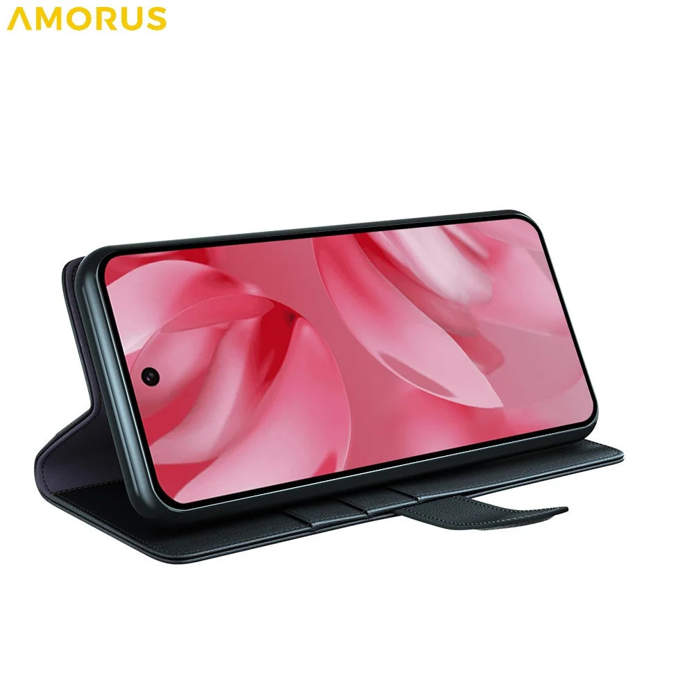 AMORUS For Google Pixel 10 / Pixel 10 Pro Stand Cases Calf Texture Genuine Split Leather Wallet Phone Cover - Black - 3