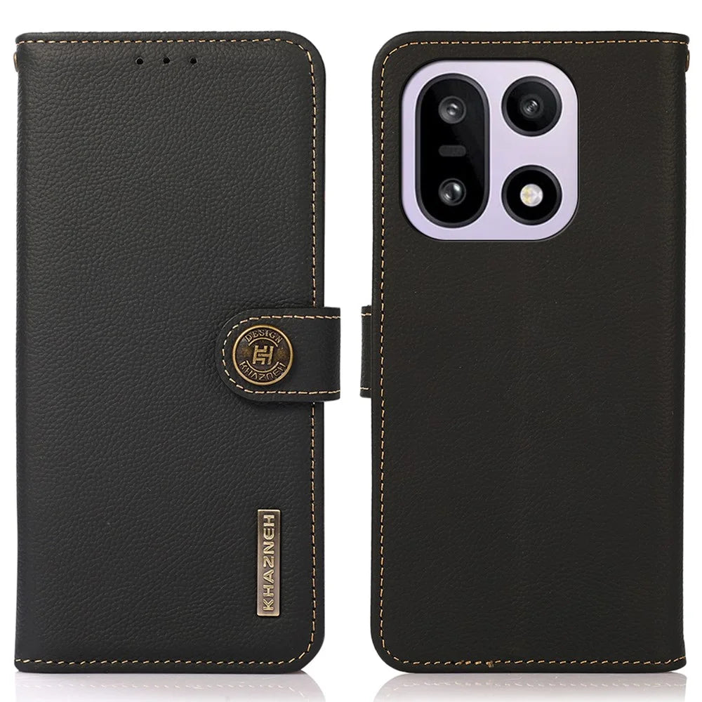 KHAZNEH for OnePlus 15 5G Case Genuine Cow Leather RFID Blocking Wallet Phone Cover - Black - 1