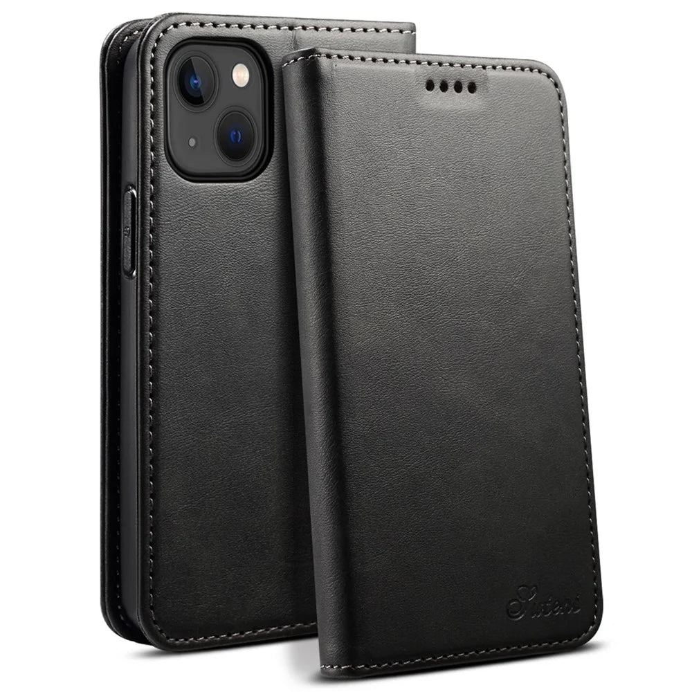 SUTENI Shockproof Case for iPhone 14 Plus PU Leather Phone Case Folding Stand Cell Phone Folio Flip Cover with Wallet - Black - 1