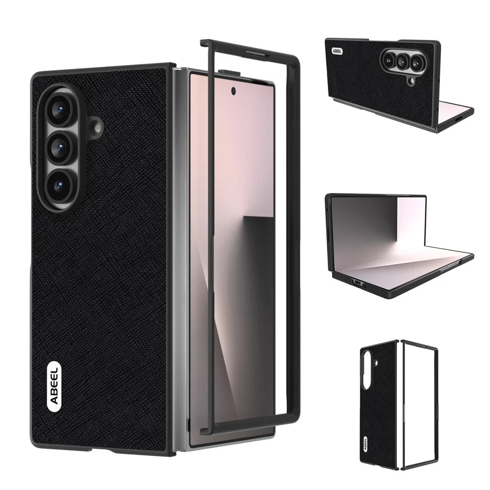 For Samsung Galaxy Z Fold7 5G Case Cross Texture Genuine Cow Leather Coated PC Phone Cover - Black - 2