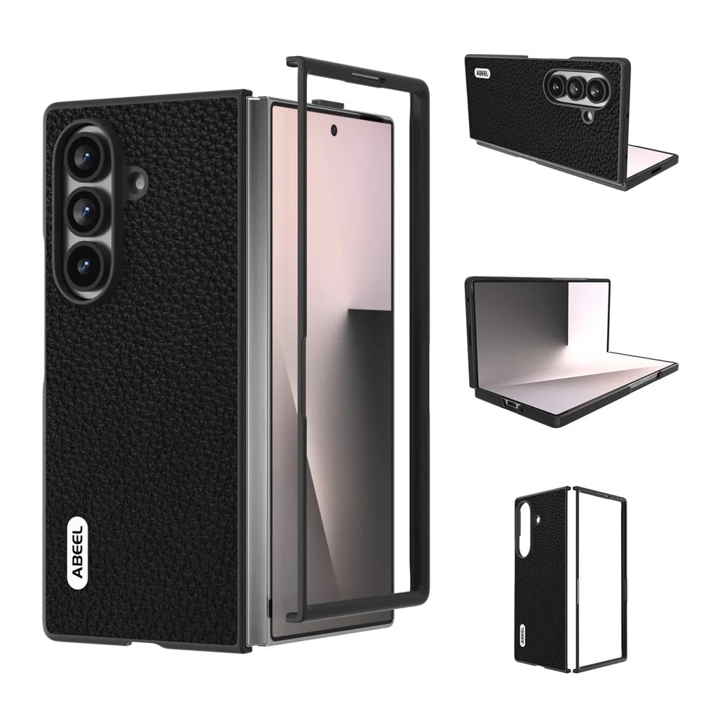ABEEL Star Series For Samsung Galaxy Z Fold7 5G Case Genuine Cow Leather + PC Phone Cover - Black - 2