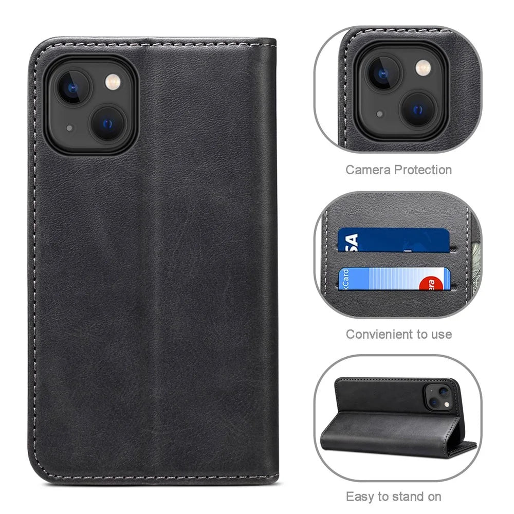 SUTENI Protective Case for iPhone 14 Wallet Phone Case PU Leather Stand Phone Cover Anti-Drop Magnetic Closure Phone Shell - Black - 7