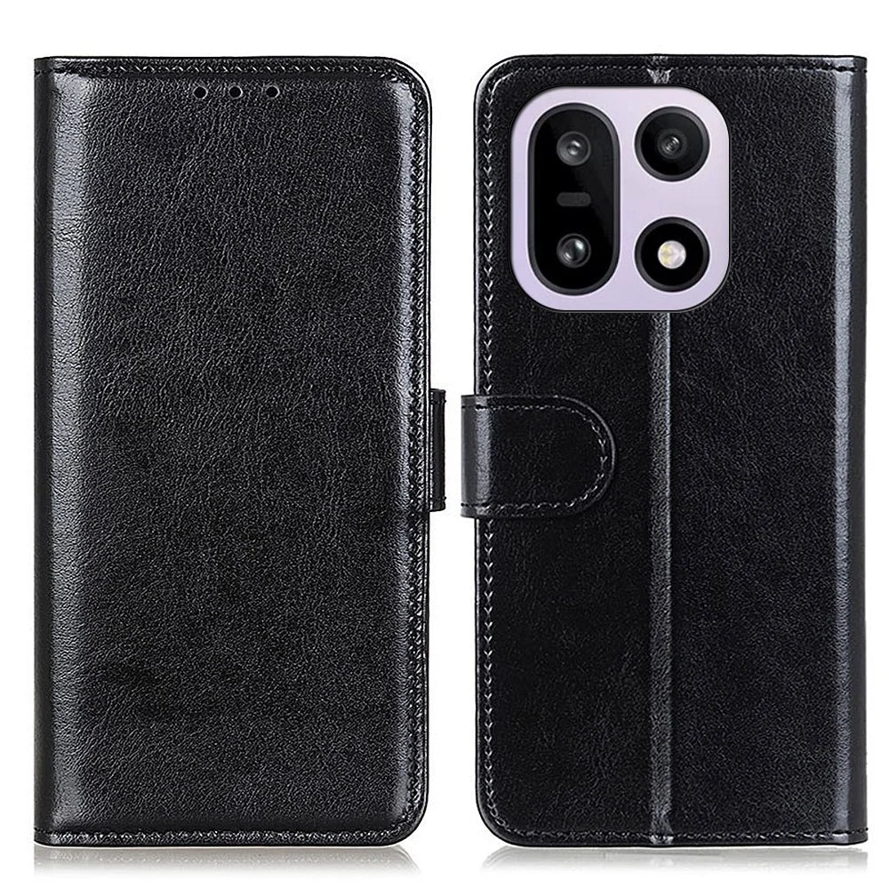 For OnePlus 15 5G Case Crazy Horse Texture PU Leather Phone Stand Cover - Black - 1