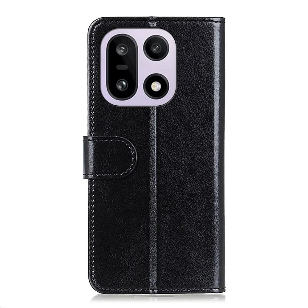For OnePlus 15 5G Case Crazy Horse Texture PU Leather Phone Stand Cover - Black - 6