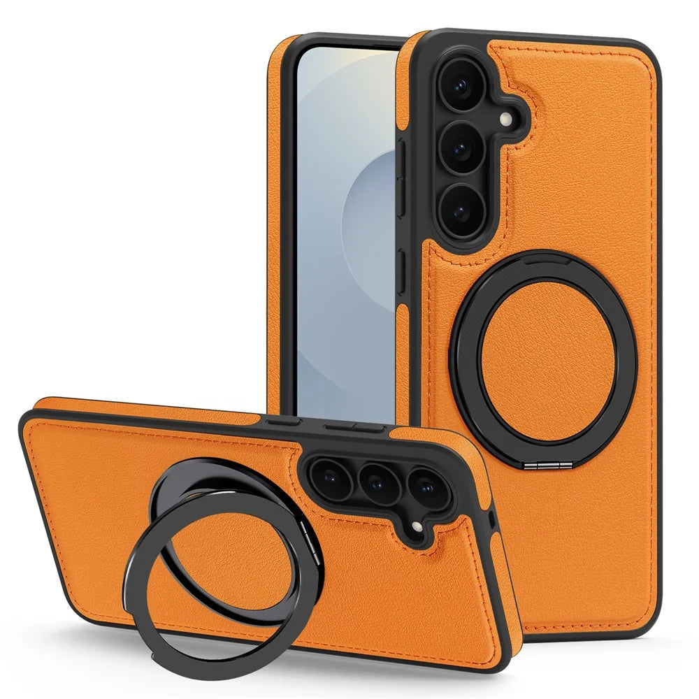 For Samsung Galaxy S25 FE Case with Ring Kickstand Magnetic Case PU Leather Back Cover - Orange - 1