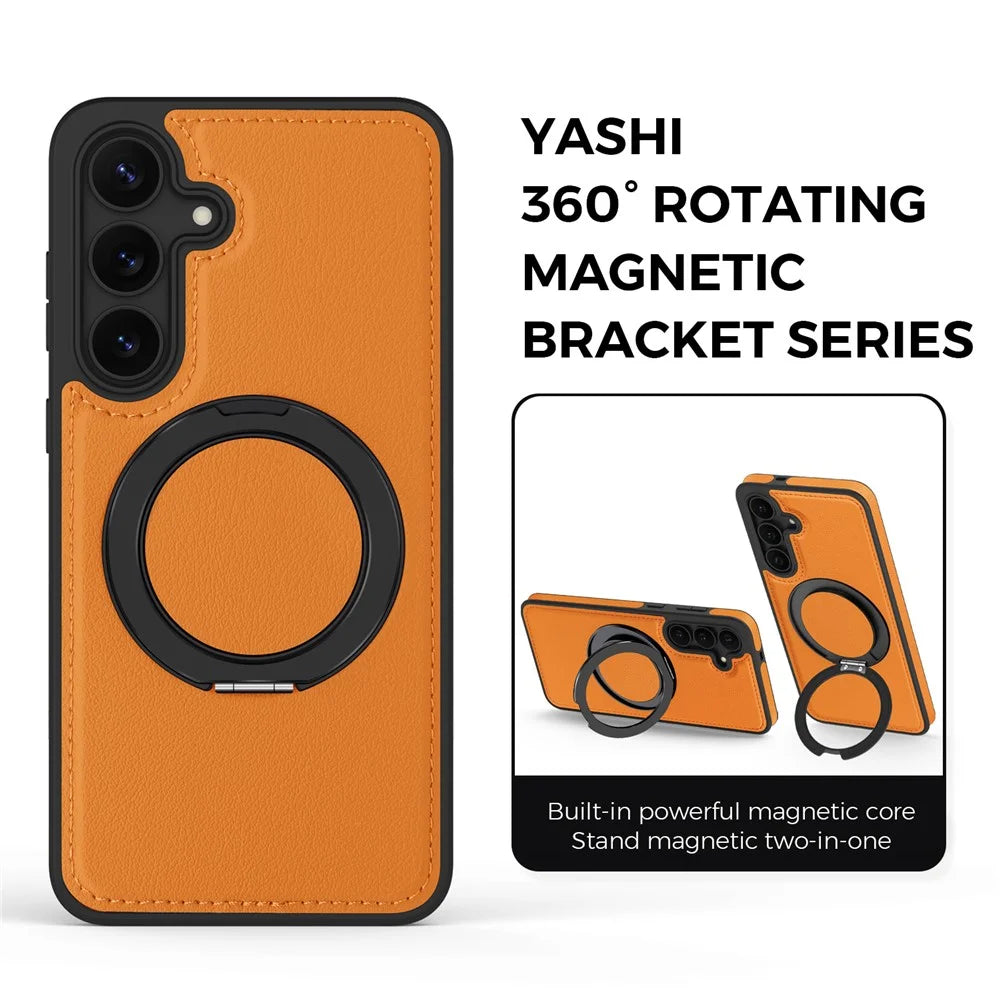 For Samsung Galaxy S25 FE Case with Ring Kickstand Magnetic Case PU Leather Back Cover - Orange - 3