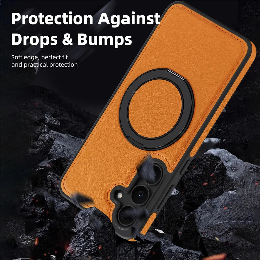 For Samsung Galaxy S25 FE Case with Ring Kickstand Magnetic Case PU Leather Back Cover - Orange - 4