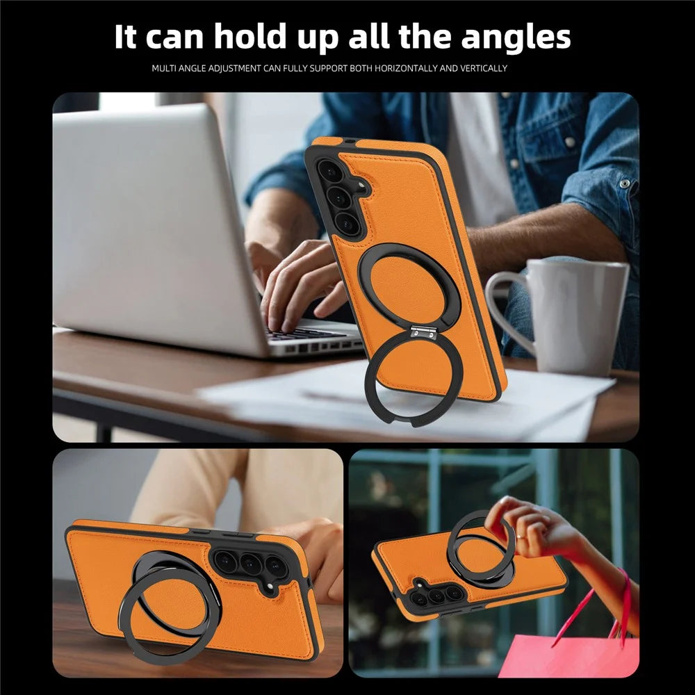 For Samsung Galaxy S25 FE Case with Ring Kickstand Magnetic Case PU Leather Back Cover - Orange - 5