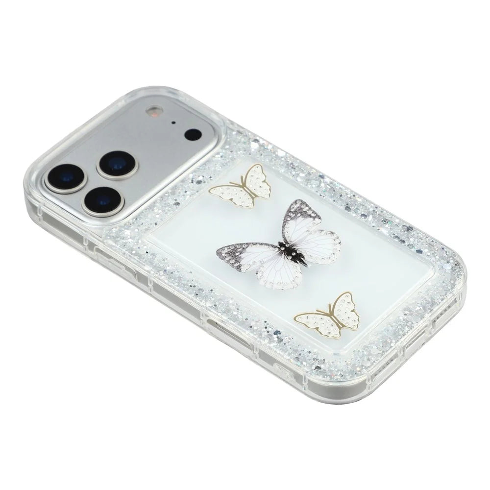 For iPhone 17 Pro Case DIY Butterfly Glitter Epoxy Soft TPU Phone Back Cover - White - 4