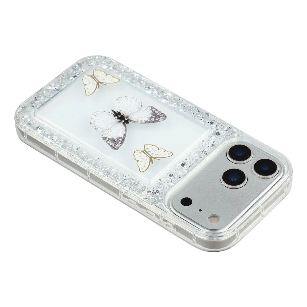 For iPhone 17 Pro Case DIY Butterfly Glitter Epoxy Soft TPU Phone Back Cover - White - 5