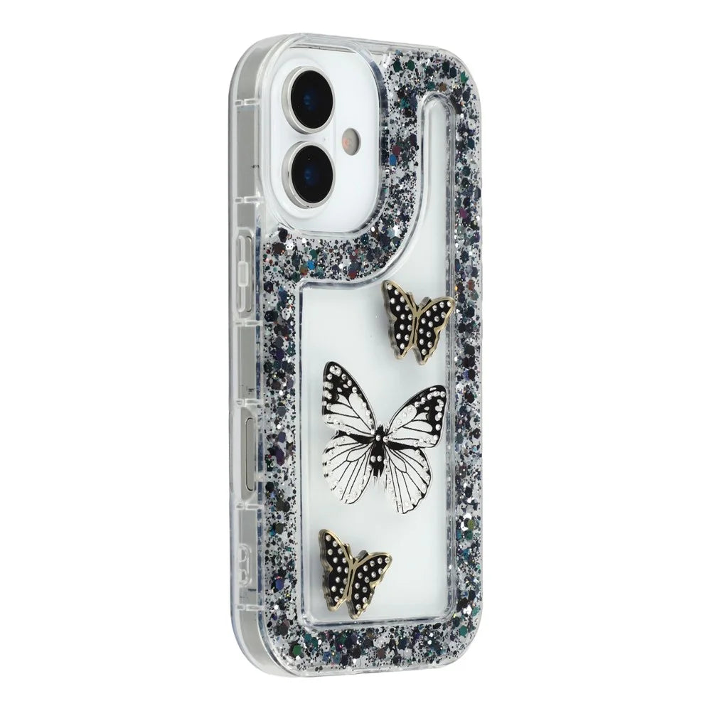 For iPhone 16 Case DIY Butterfly Glitter Epoxy Soft TPU Phone Back Cover - Black - 1