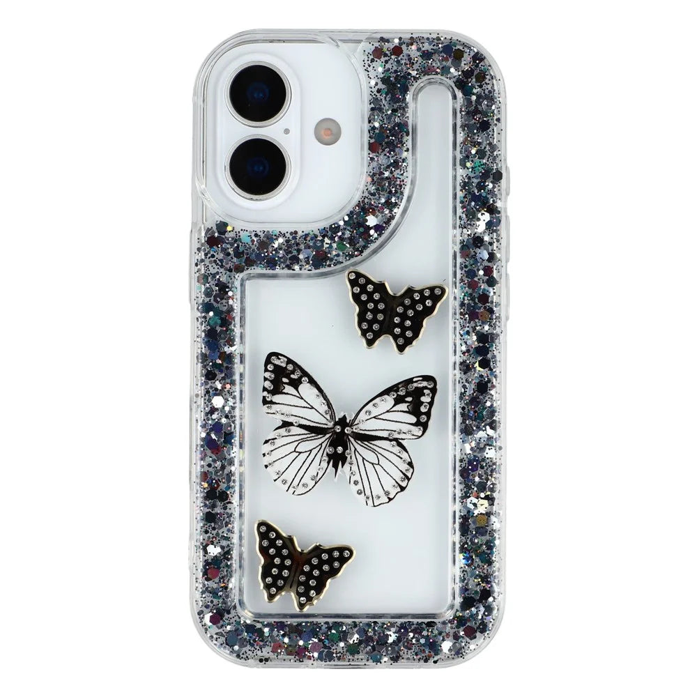 For iPhone 16 Case DIY Butterfly Glitter Epoxy Soft TPU Phone Back Cover - Black - 3