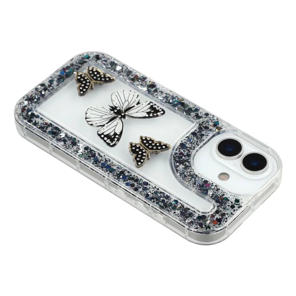 For iPhone 16 Case DIY Butterfly Glitter Epoxy Soft TPU Phone Back Cover - Black - 5
