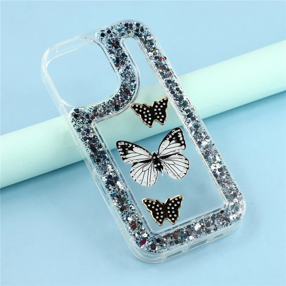 For iPhone 16 Case DIY Butterfly Glitter Epoxy Soft TPU Phone Back Cover - Black - 6