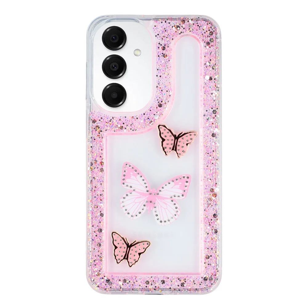 For Samsung Galaxy A15 5G Case DIY Butterfly Glitter Epoxy Soft TPU Phone Back Cover - Pink - 1
