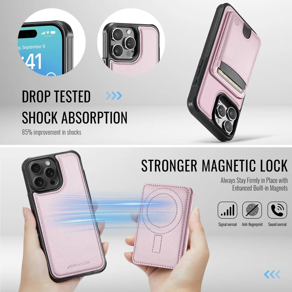 JEEHOOD For iPhone 16 Pro Max Case  J10  Compatible with MagSafe Leather Back Phone Cover with Detachable Card Holder Kickstand - Pink - 3