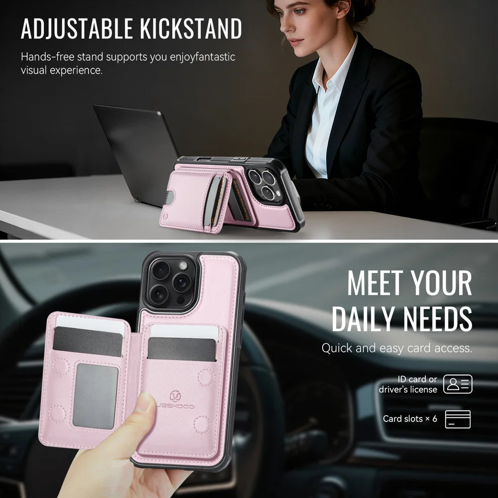 JEEHOOD For iPhone 16 Pro Max Case  J10  Compatible with MagSafe Leather Back Phone Cover with Detachable Card Holder Kickstand - Pink - 4